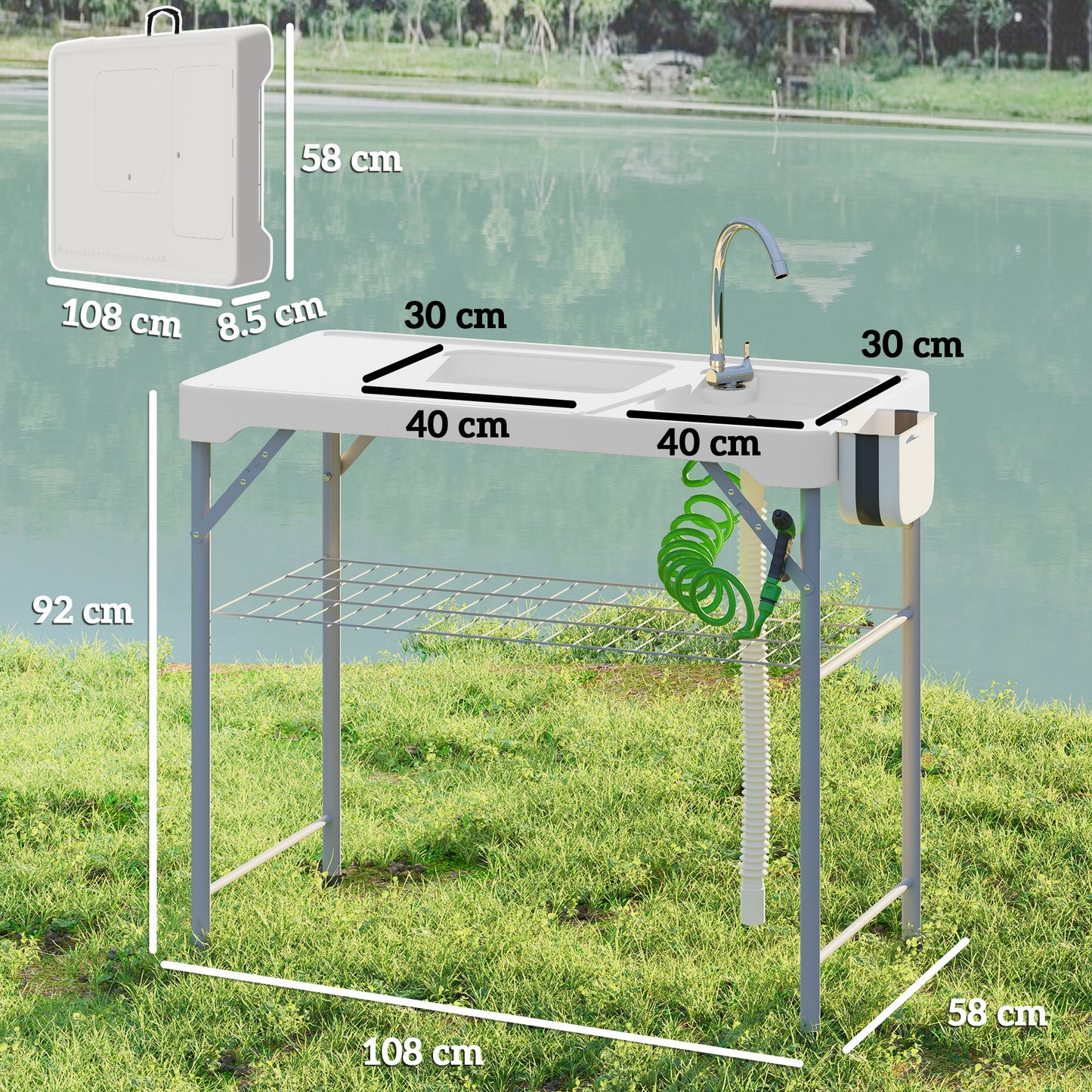 Folding Fish Cleaning Table Camping Sink Table with Faucet, White