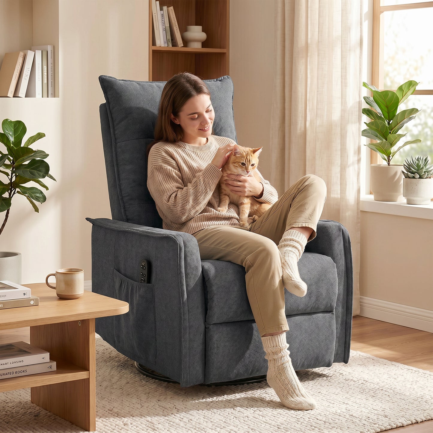 Recliner Armchair, Chenille Recliner Chair with Massage and Heat, 360° Swivel Rocking Manual Reclining Chair with Side Pockets for Living Room, Dark Grey
