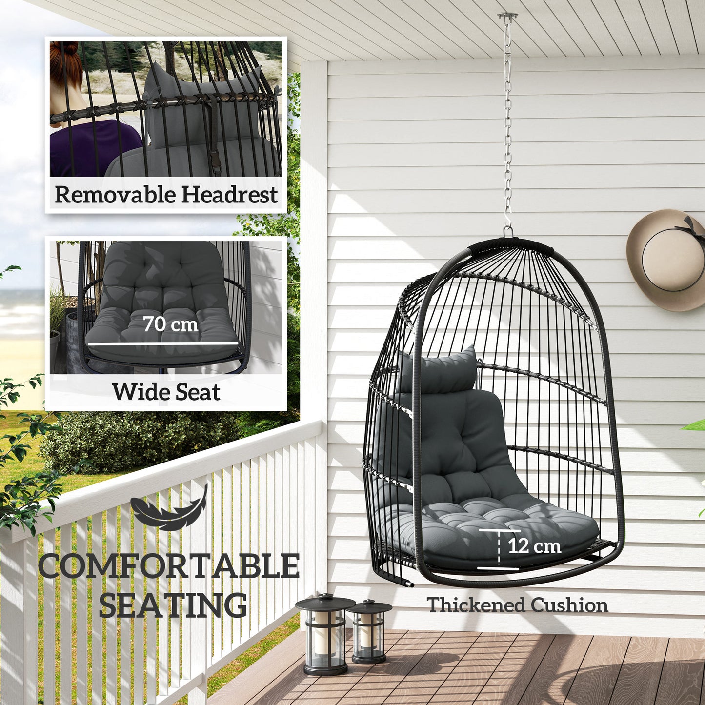 Rattan Egg Chair with Installation Kit, Indoor Outdoor Swing Chair