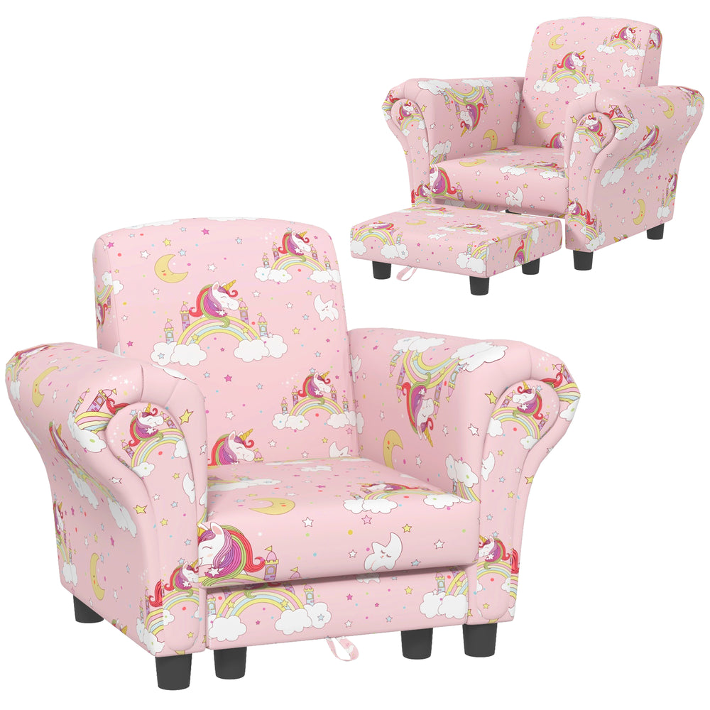 2 Piece Kids Sofa Set with Unicorn Design, for Nursery, Pink