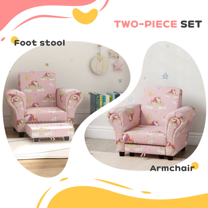 2 Piece Kids Sofa Set with Unicorn Design, for Nursery, Pink