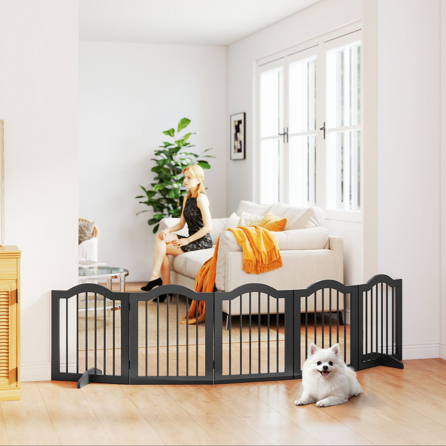 Freestanding Pet Gate Wooden Dog Gate with Support Feet Foldable Pet Fence Safety Barrier for the House Doorway Stairs Black