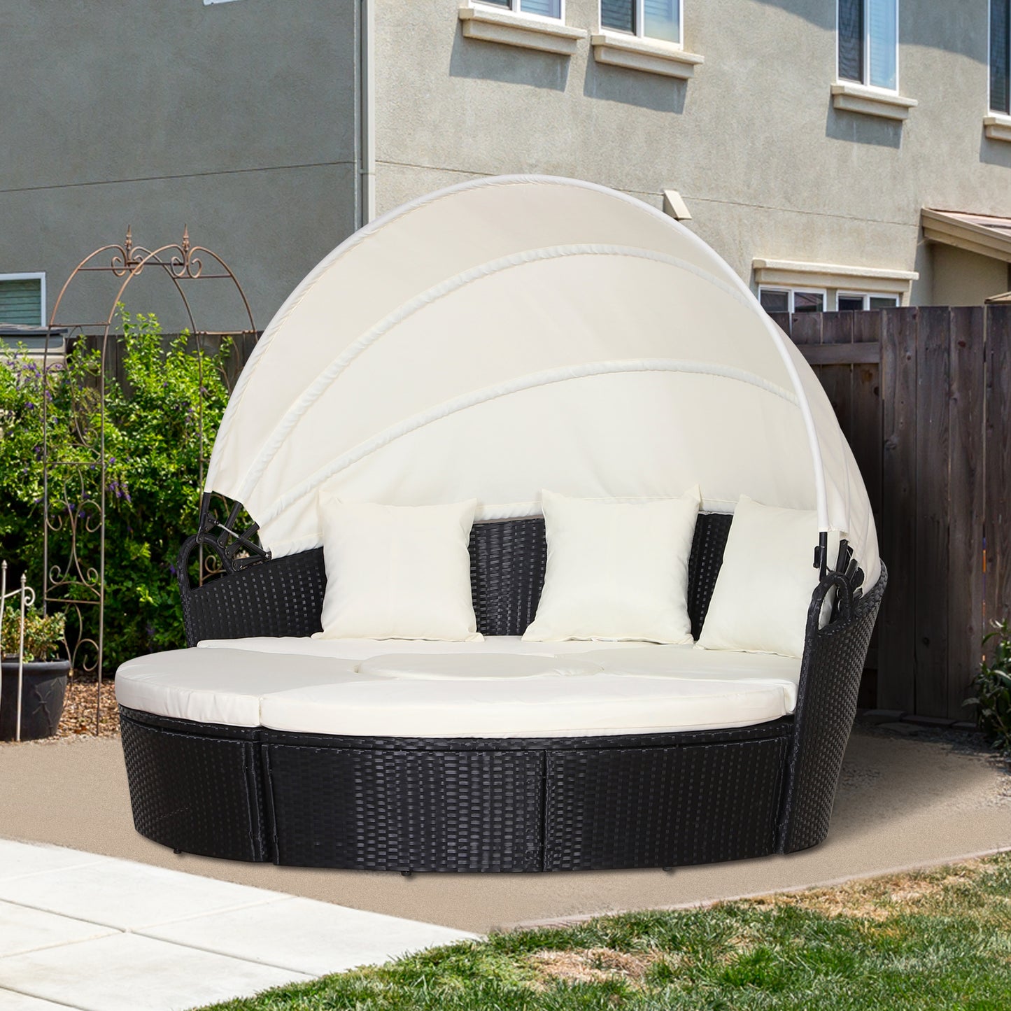 Rattan Lounge Set, 5 Pieces Patio Conversation Furniture Set, Garden Round Sofa Bed with Cushion and Retractable Canopy, Black