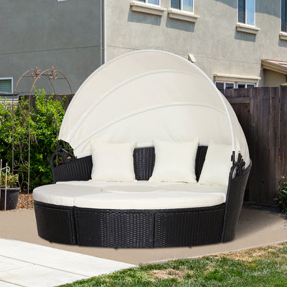 Rattan Lounge Set, 5 Pieces Patio Conversation Furniture Set, Garden Round Sofa Bed with Cushion and Retractable Canopy, Black