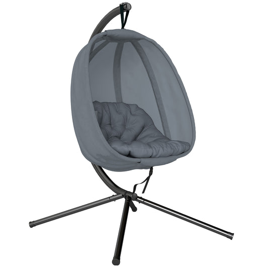 Folding Hanging Egg Chair w/ Cushion and Stand for Indoor Outdoor Grey