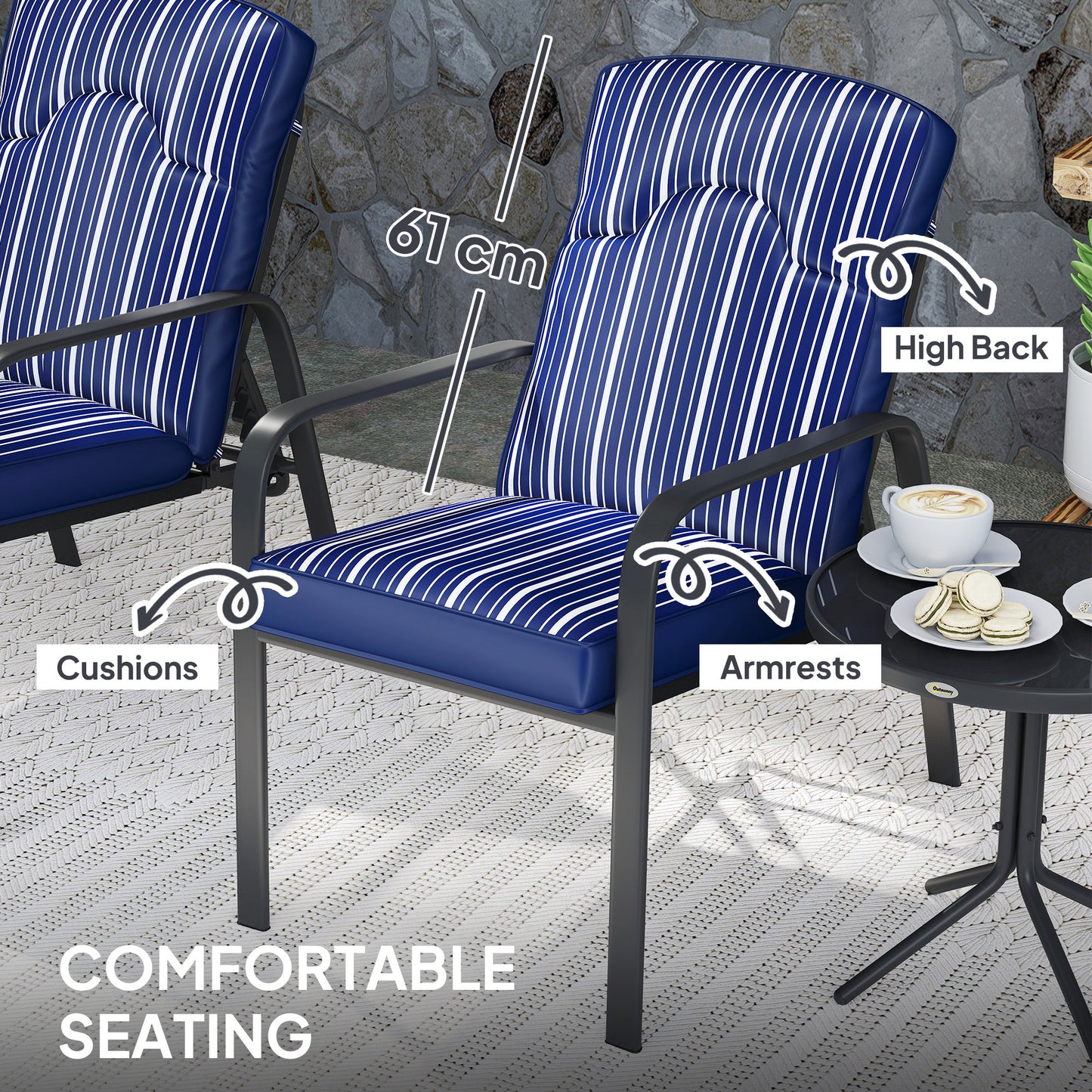 3-Piece Recliner Garden Chairs and Tempered Glass Table Set, Blue