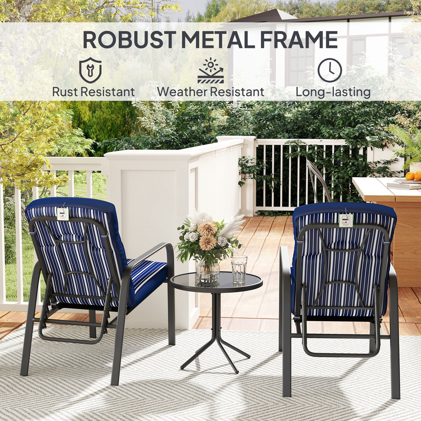 3-Piece Recliner Garden Chairs and Tempered Glass Table Set, Blue