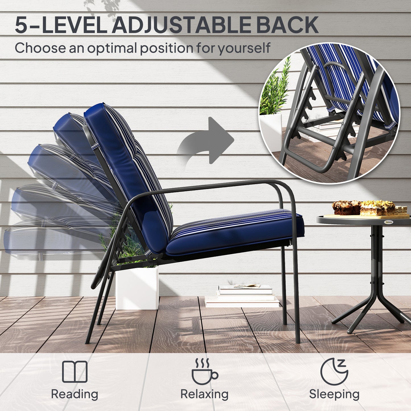 3-Piece Recliner Garden Chairs and Tempered Glass Table Set, Blue