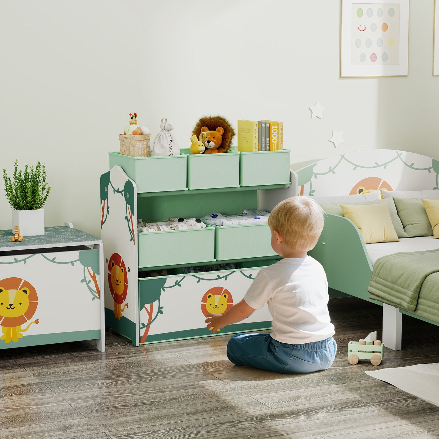3-Tier Kids Storage Shelf with 6 Removable Fabric Boxes, Green