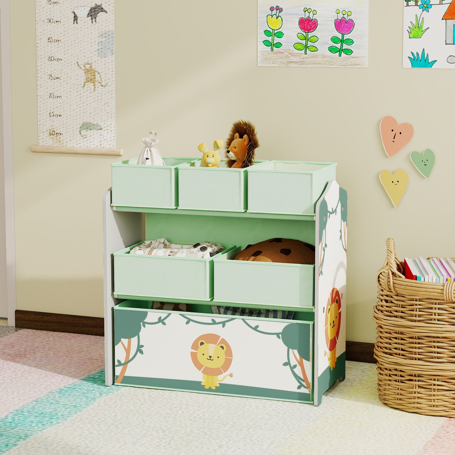 3-Tier Kids Storage Shelf with 6 Removable Fabric Boxes, Green