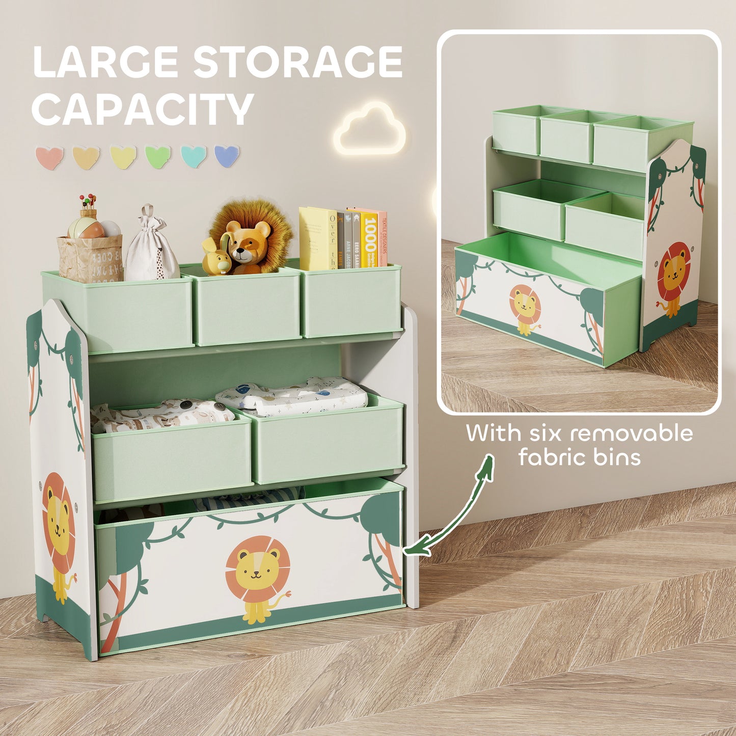 3-Tier Kids Storage Shelf with 6 Removable Fabric Boxes, Green