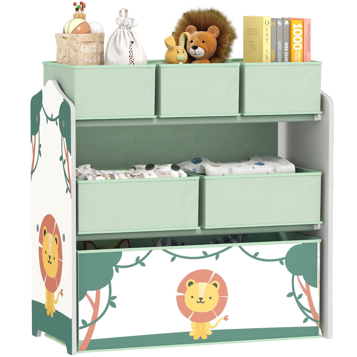 3-Tier Kids Storage Shelf with 6 Removable Fabric Boxes, Green