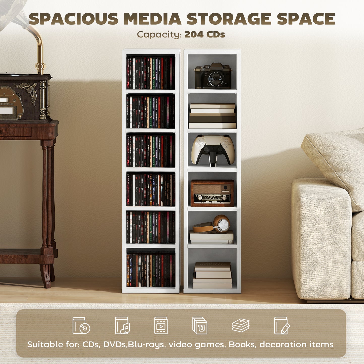 Set of 2 CD Storage Units DVD Shelf with Adjustable Shelves, White