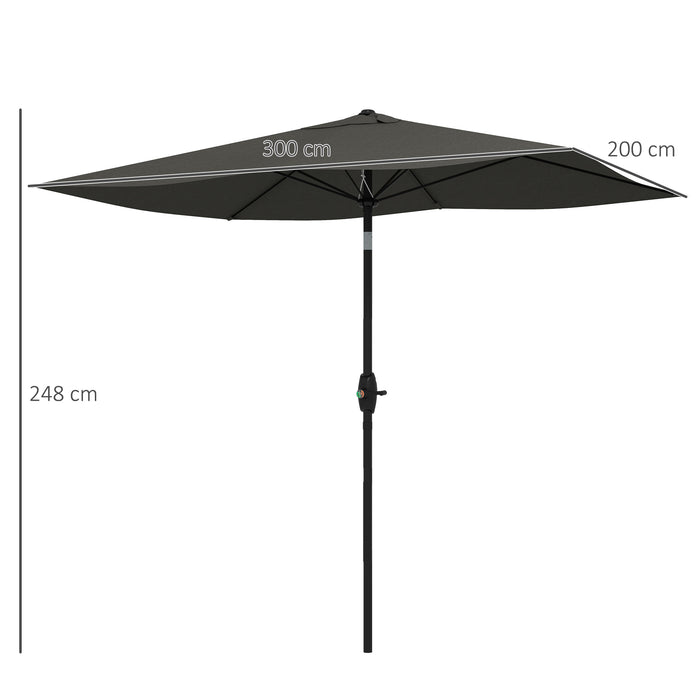 2 x 3(m) Garden Parasol Umbrella, Rectangular Outdoor Market Umbrella Sun Shade with Crank & Push Button Tilt, 6 Ribs, Aluminium Pole