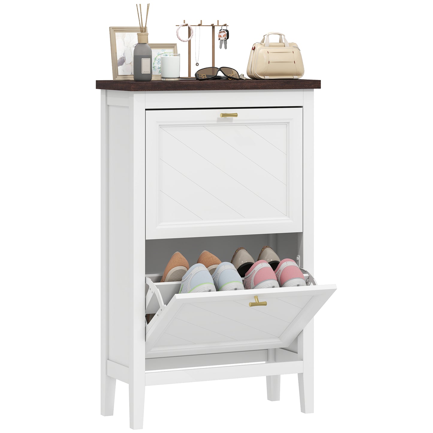 Shoe Cabinet with 2 Flip Drawers, Narrow Shoe Storage Cabinet, White