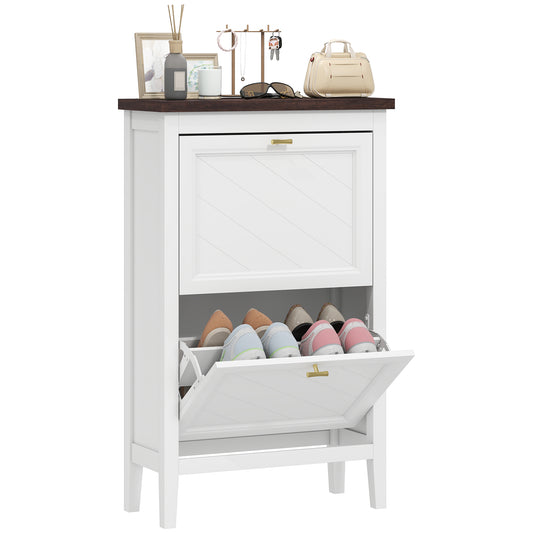 Shoe Cabinet with 2 Flip Drawers, Narrow Shoe Storage Cabinet, White