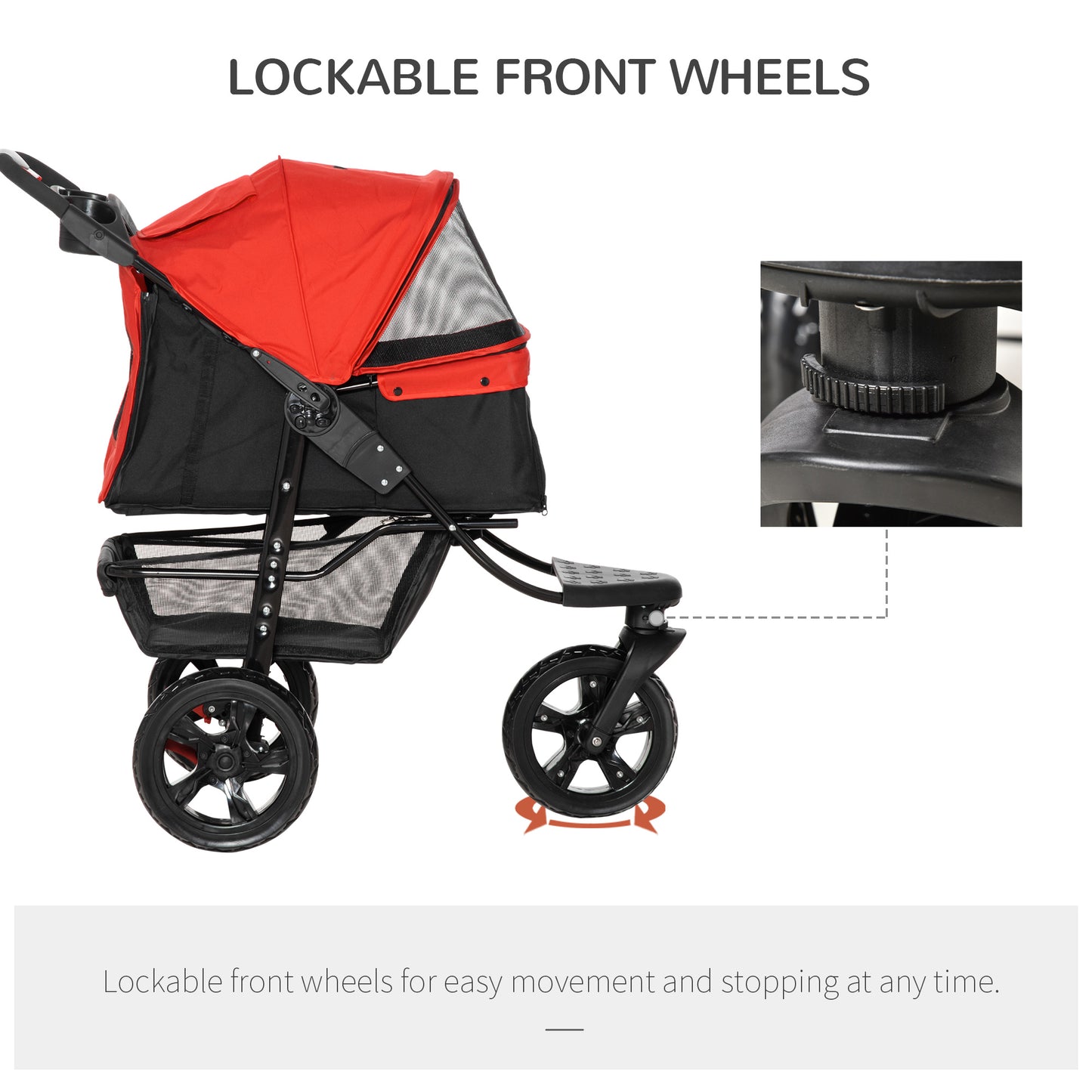 Folding Pet Stroller 3 Wheel Dog Jogger Travel Carrier Adjustable Canopy Storage Brake Mesh Window for Small Miniature Dog Cat Red