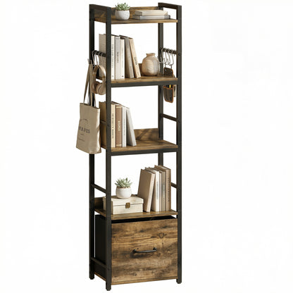 4-Tier Bookshelf, Shelving Unit with Drawer, 8 Hooks, Rustic Brown