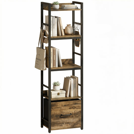 4-Tier Bookshelf, Shelving Unit with Drawer, 8 Hooks, Rustic Brown
