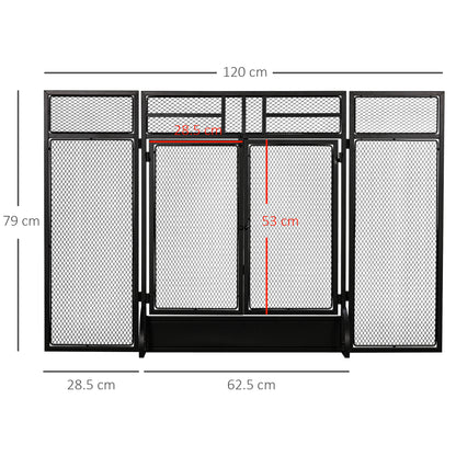 3-Panel Folding Freestanding Fireplace Screen with Door Metal Mesh, Black