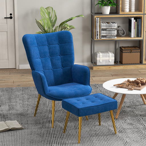 Upholstered Armchair w/ Footstool Set, Modern Button Tufted Accent Chair w/ Gold Tone Steel Legs, Wingback Chair, Blue