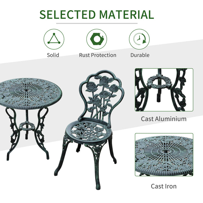 Cast Aluminium Outdoor Patio Garden Bistro Elegant Design Table Chair Set - Green (3-Piece)