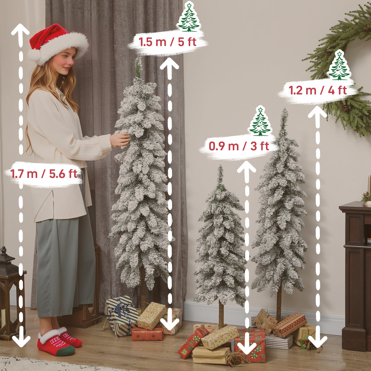 Set of 3 Flocked Christmas Tree, Pencil Downswept Xmas Tree