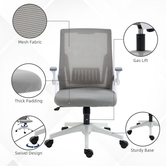 Mesh Office Chair, Desk Chair with Lumbar Support, Flip-up Armrest, Swivel Wheels, Adjustable Height, Grey