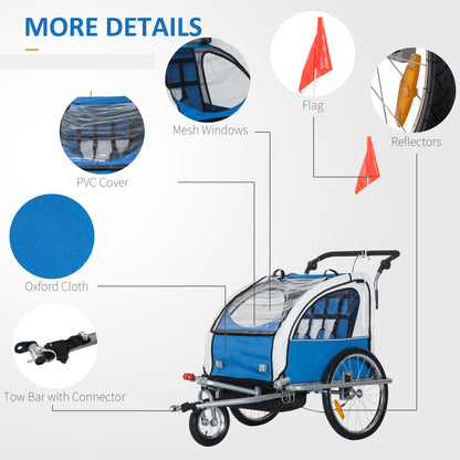 Bike Trailer 2-Seater for Bicycle Baby Child Jogger with Removable Canopy Storage Pocket Outdoor Steel Frame Blue