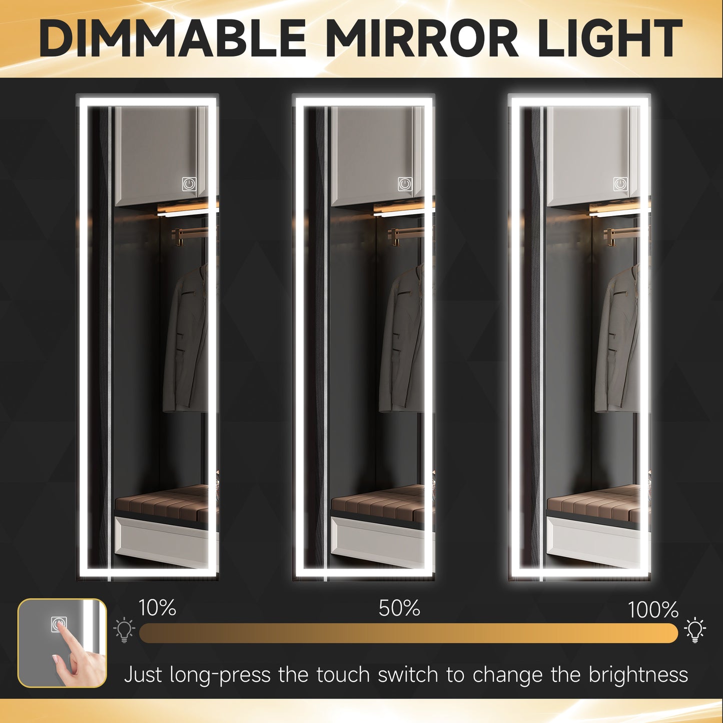 Dimming Full Length Mirror, 120 x 40cm Long Wall Mirror with 3 Colour LED, Smart Touch, Memory Function