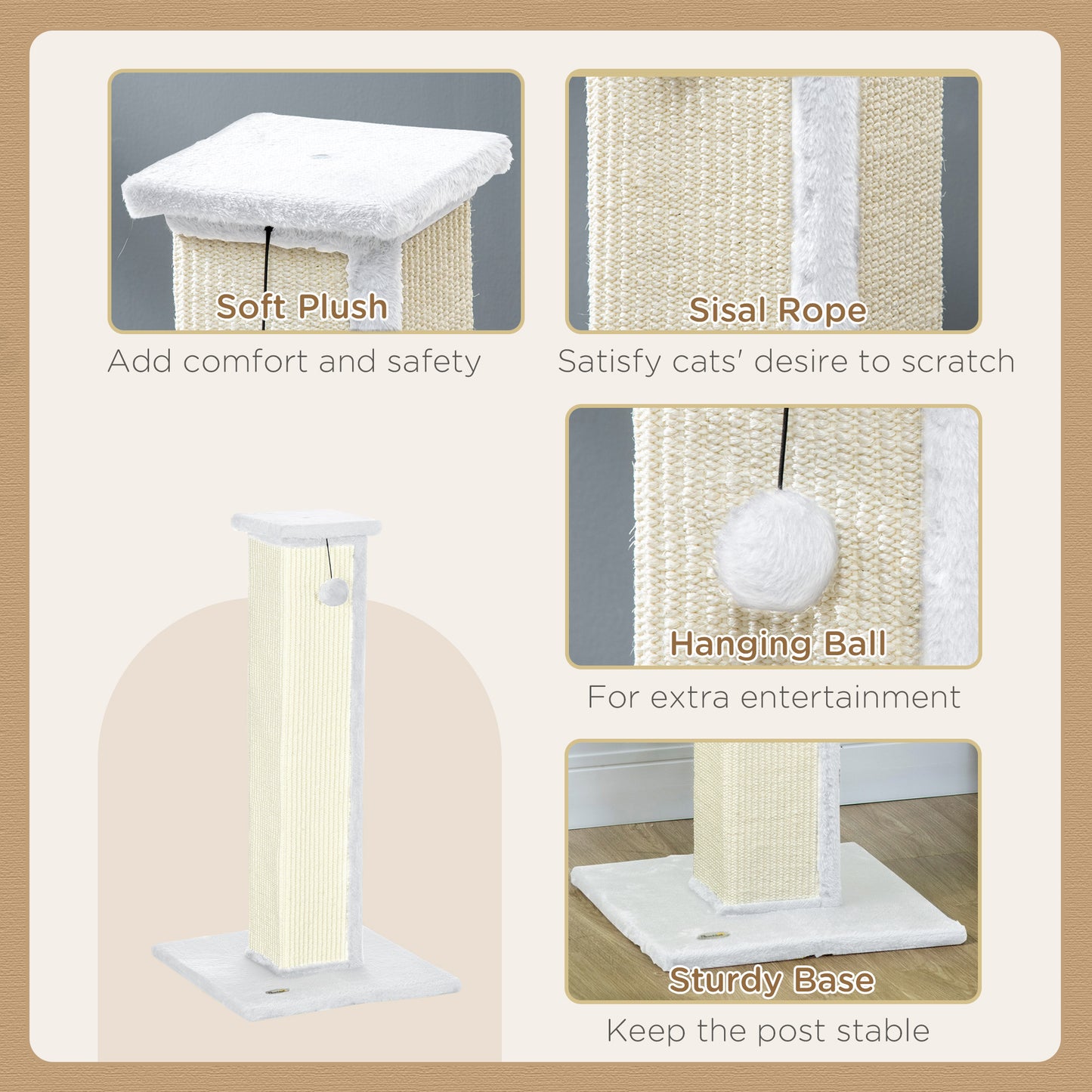 81cm Cat Scratching Post w/ Sisal Rope, Hanging Ball Soft Plush White