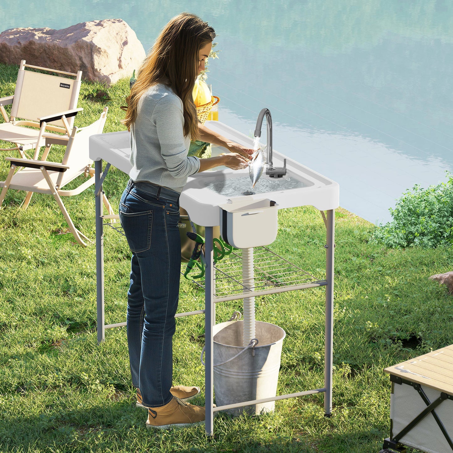 Folding Fish Cleaning Table Camping Sink Table with Faucet, White