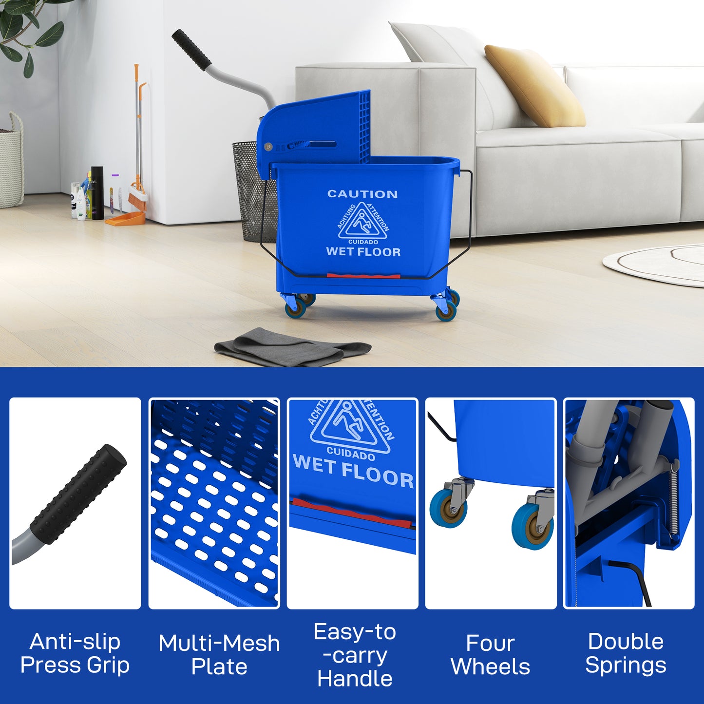 20L Mop Bucket with Wringer Handle on Wheels for Floor Cleaning Blue