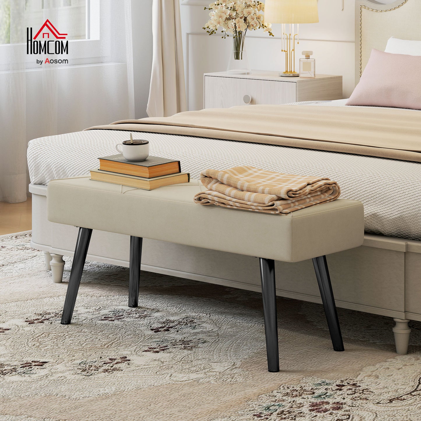 Upholstered Hallway Bench with X-Shape Design and Legs, Cream