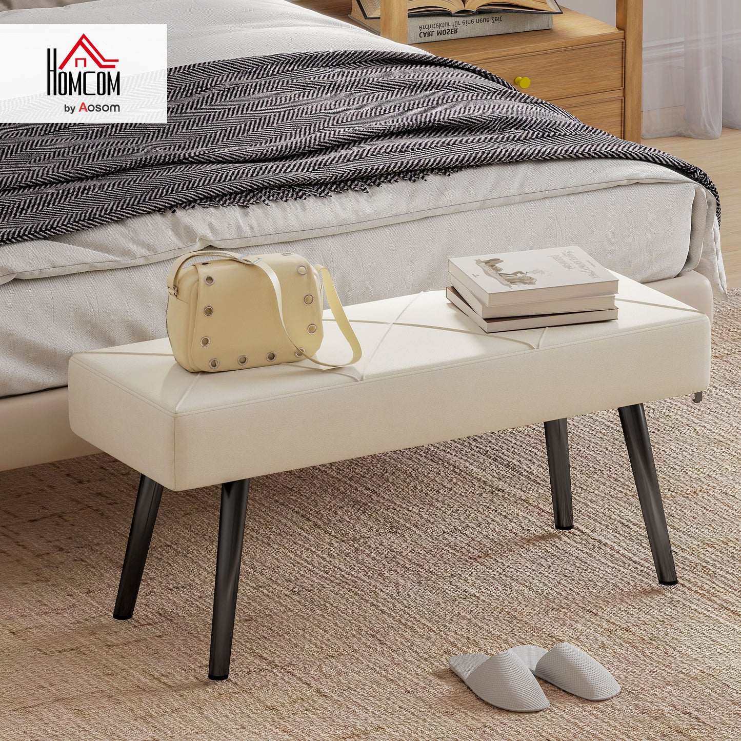 Upholstered Hallway Bench with X-Shape Design and Legs, Cream