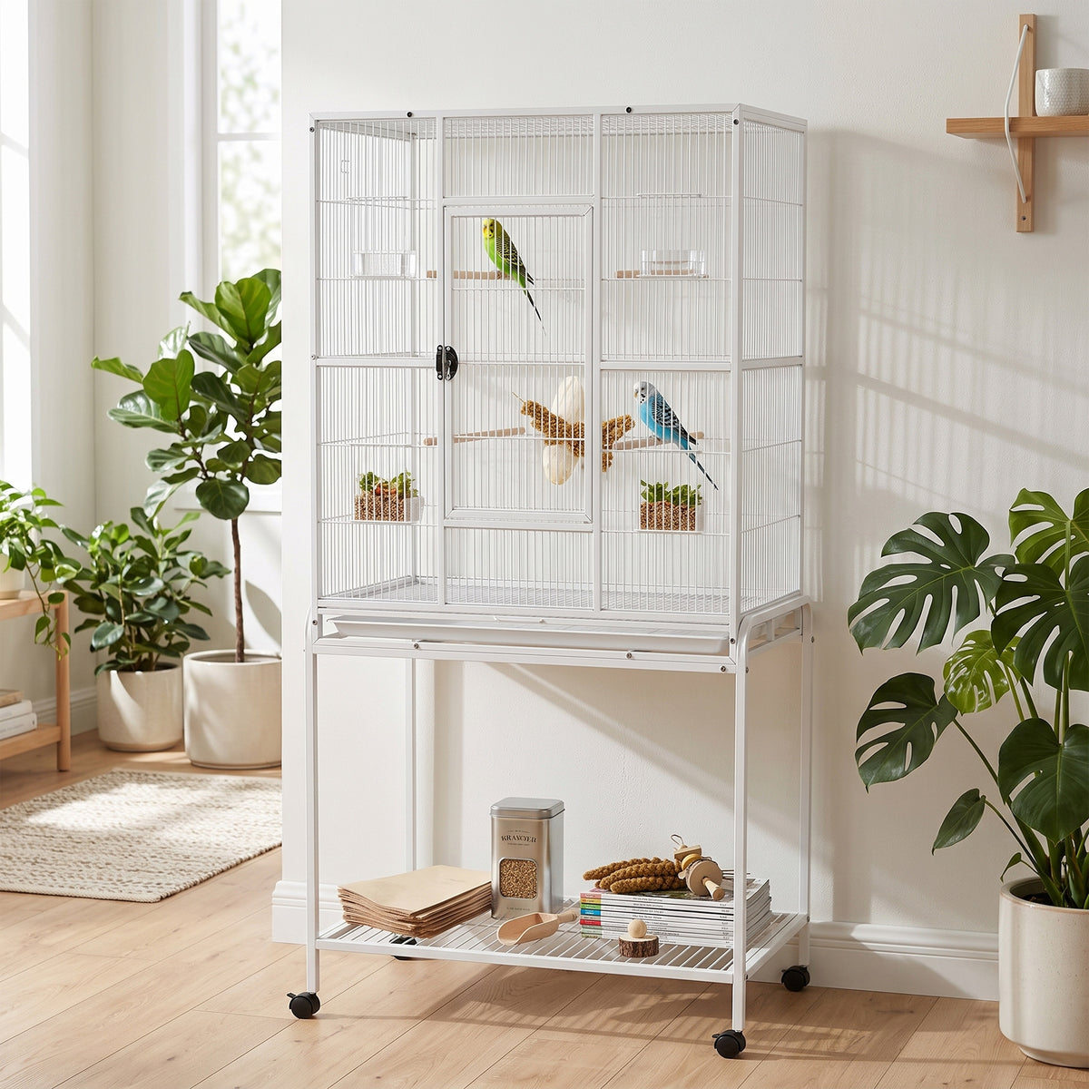 Bird Cage with Detachable Wheeled Stand, Shelf and Wooden Perches - White