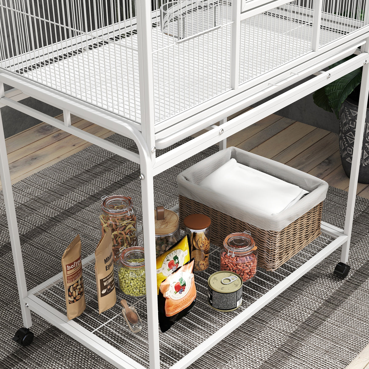 Bird Cage with Detachable Wheeled Stand, Shelf and Wooden Perches - White