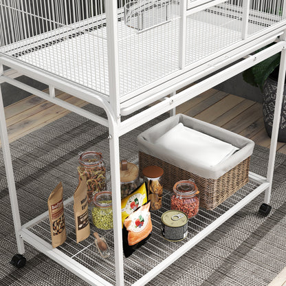 Bird Cage with Detachable Wheeled Stand, Shelf and Wooden Perches - White