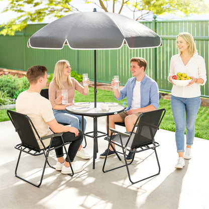 6 Pieces Garden Furniture Set with Parasol, Folding Chairs, Black