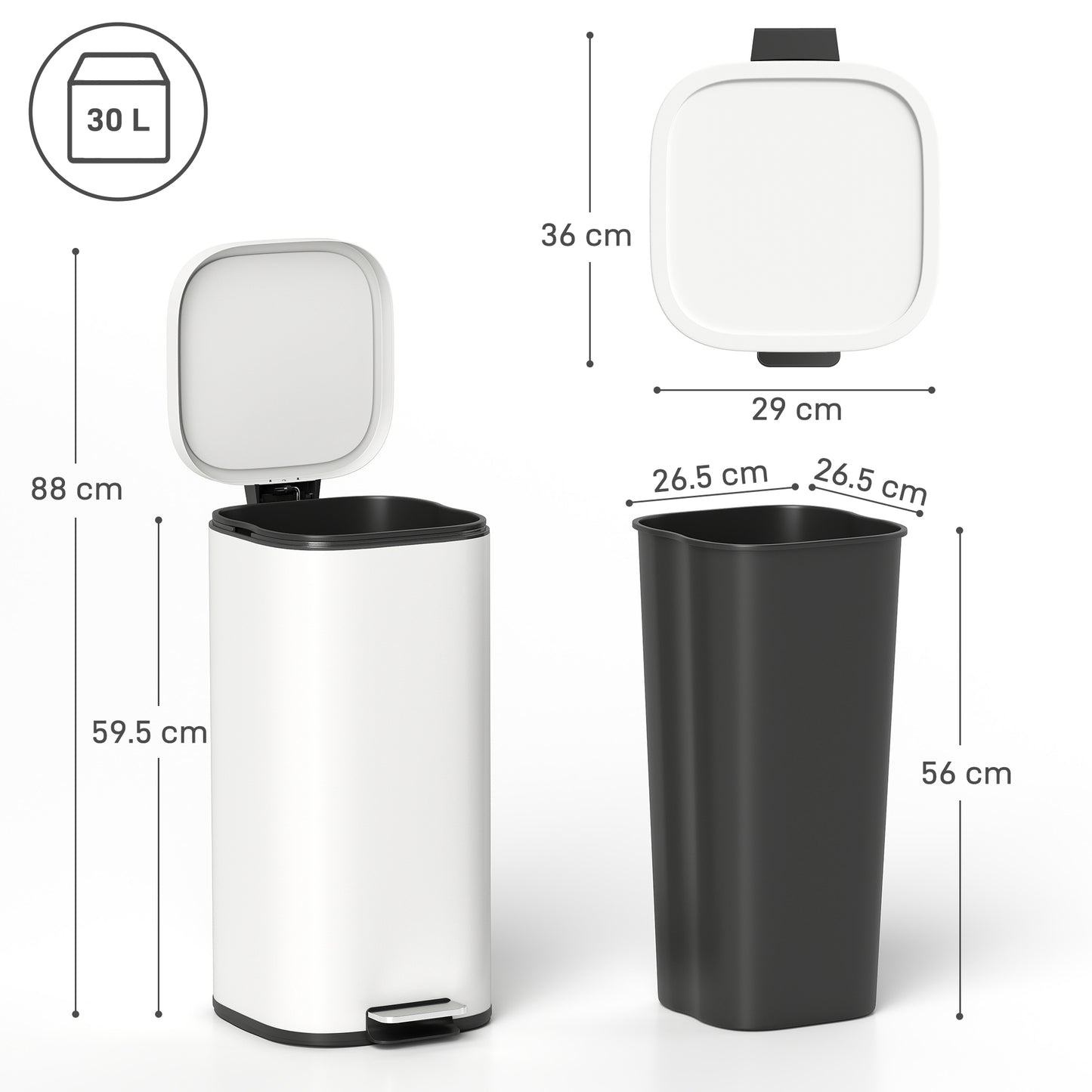 30L Kitchen Bin, Pedal Bin with Lid, Removable Inner Bucket, Cream