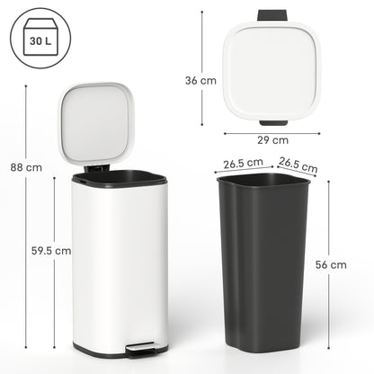 30L Kitchen Bin, Pedal Bin with Lid, Removable Inner Bucket, Cream