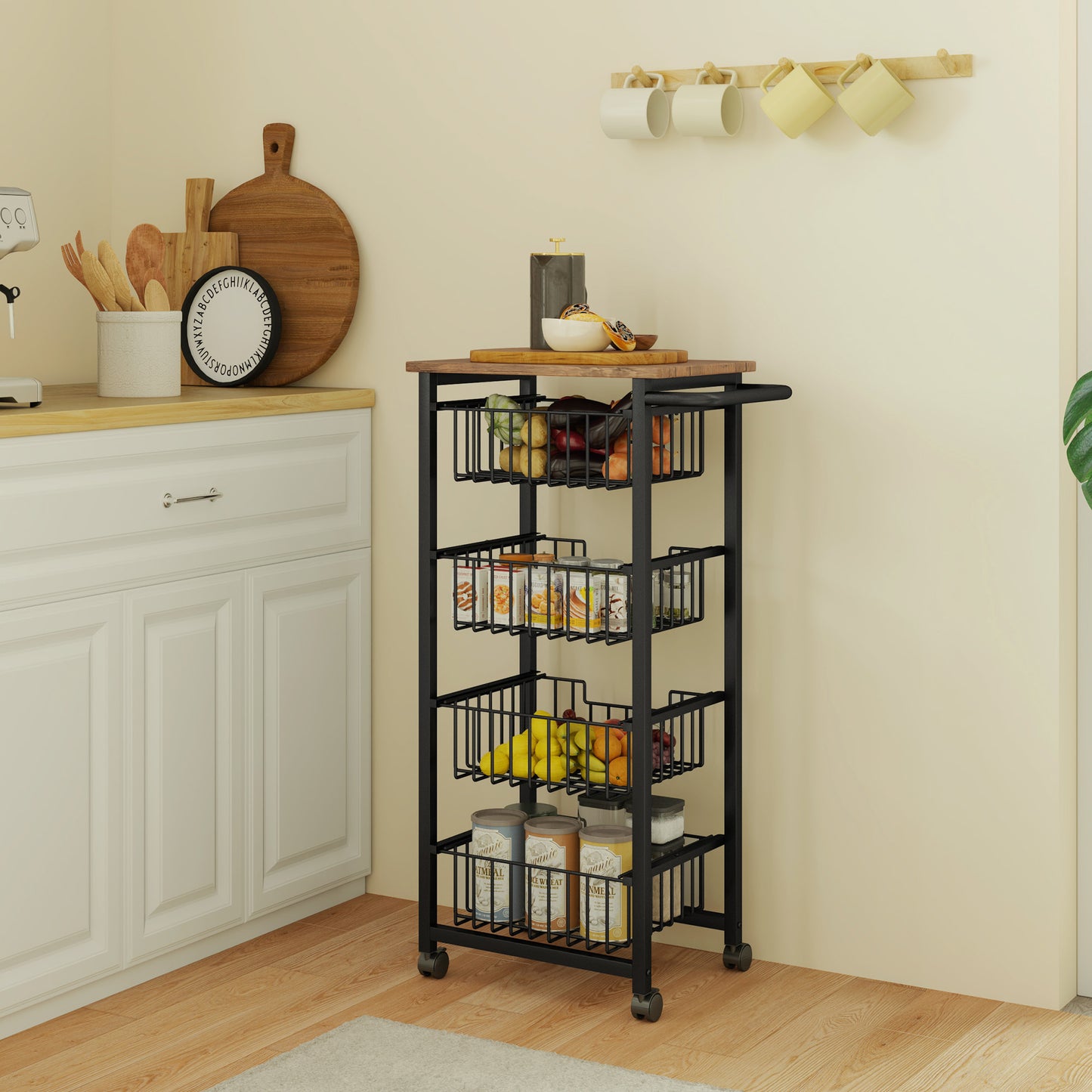 4-Tier Kitchen Island on Wheels with 4 Pull-Out Baskets, Oak