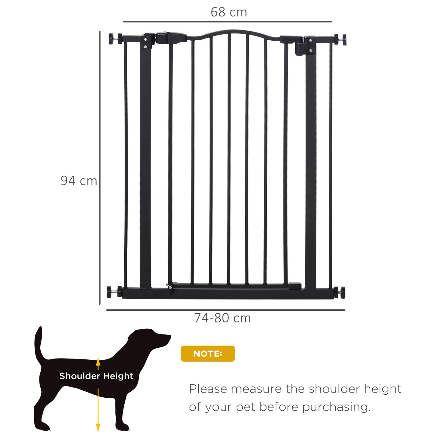 Dog Gate Pressure Fit Pet Tall Stairs Gate Safety Barrier Auto Close, 94cm Extra Tall, 74-80cm Wide, with Double Locking, Black