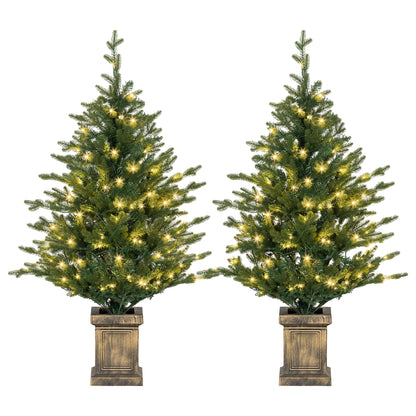 2 Pre Lit 4ft Artificial Christmas Trees with Lights, Pot, Realistic Tips