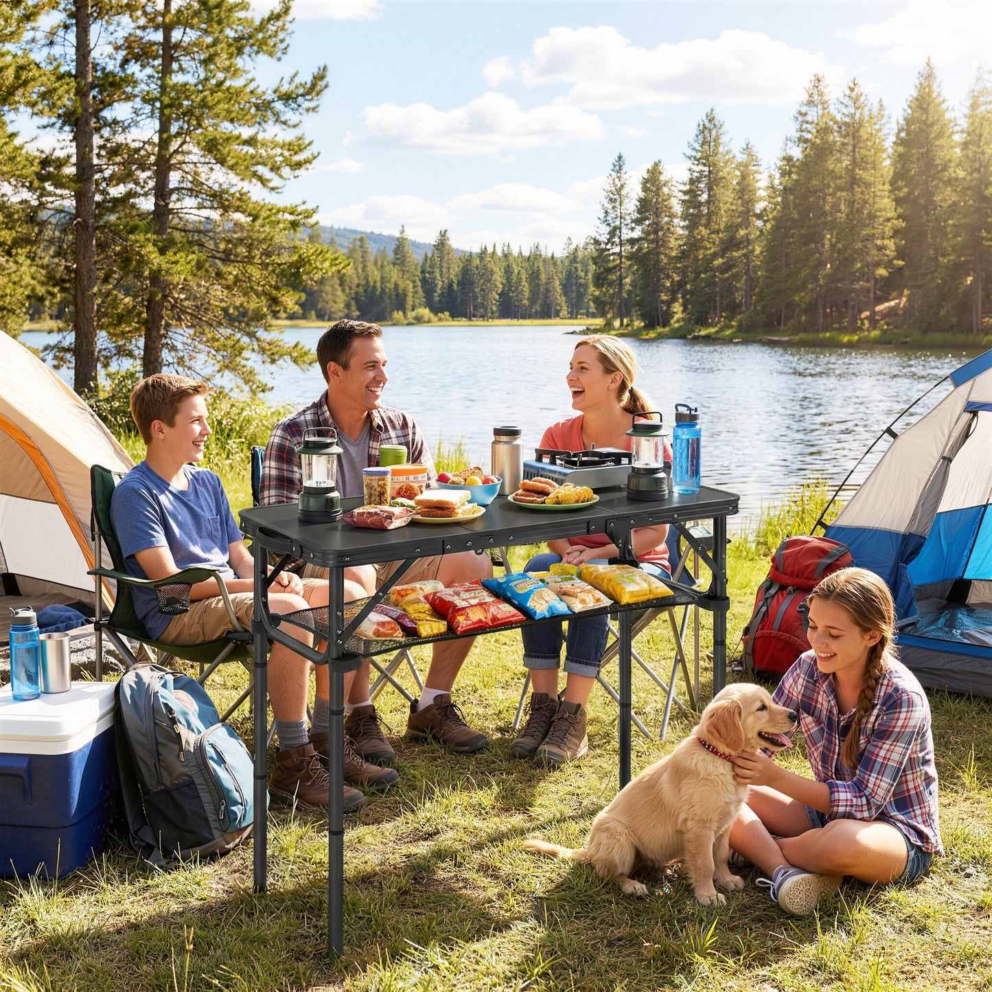 3ft Folding Camping Table, Picnic Table with Storage Layer, Black