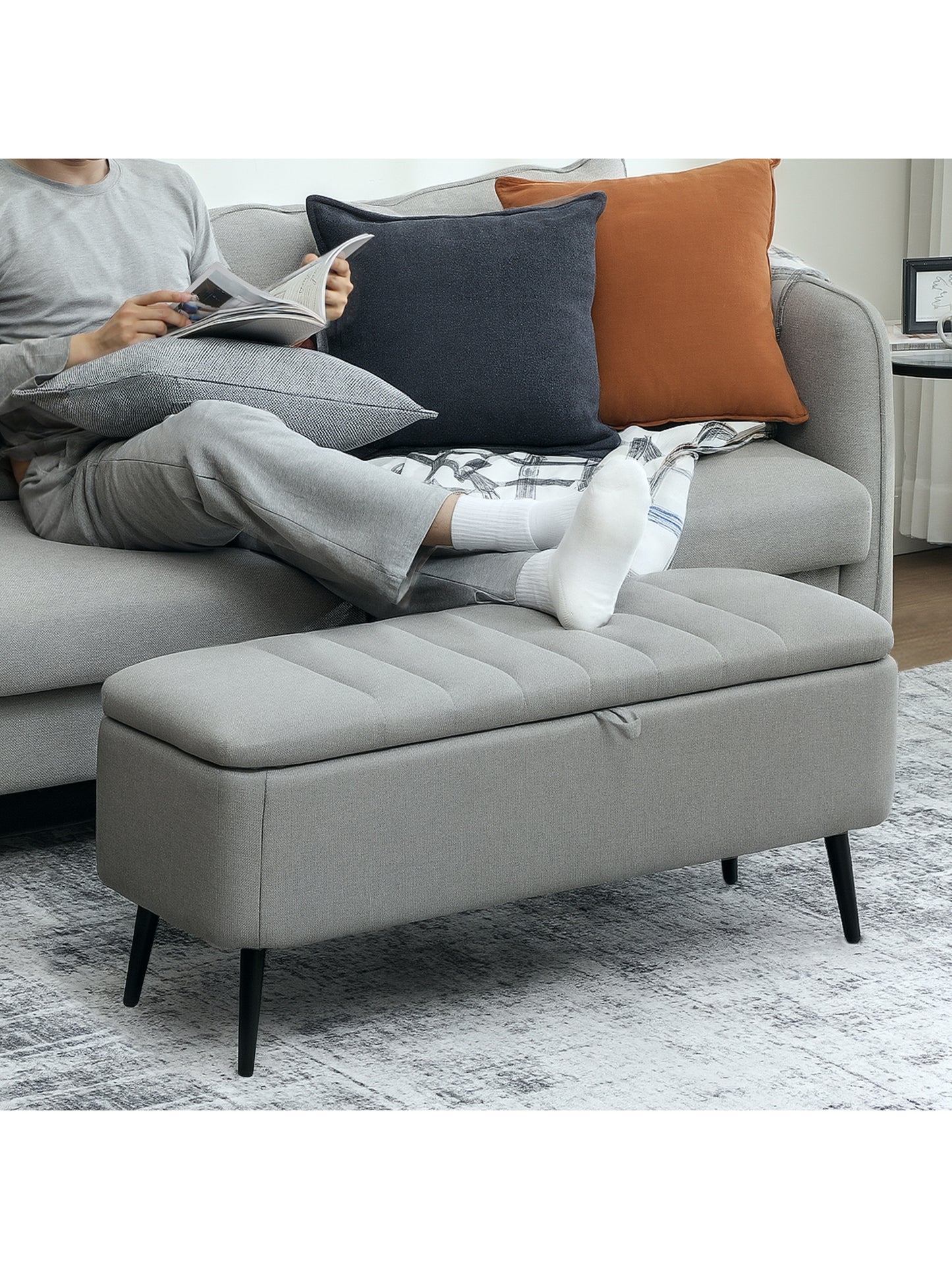 Storage Ottoman Bench, Linen-feel Footstool with Steel Legs, Grey