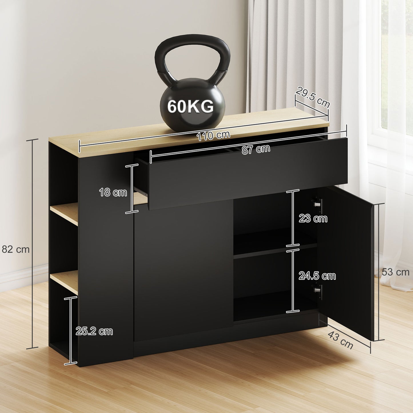 Sideboard, Storage Cabinet with 2 Drawers, 3 Open Shelves, Black