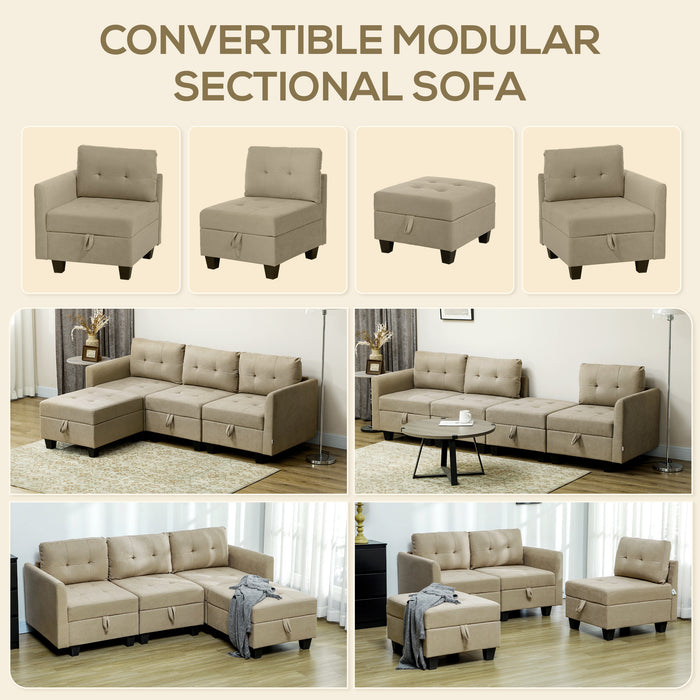 Convertible Modular Sectional Sofa w/ Storage Wood Frame Light Brown