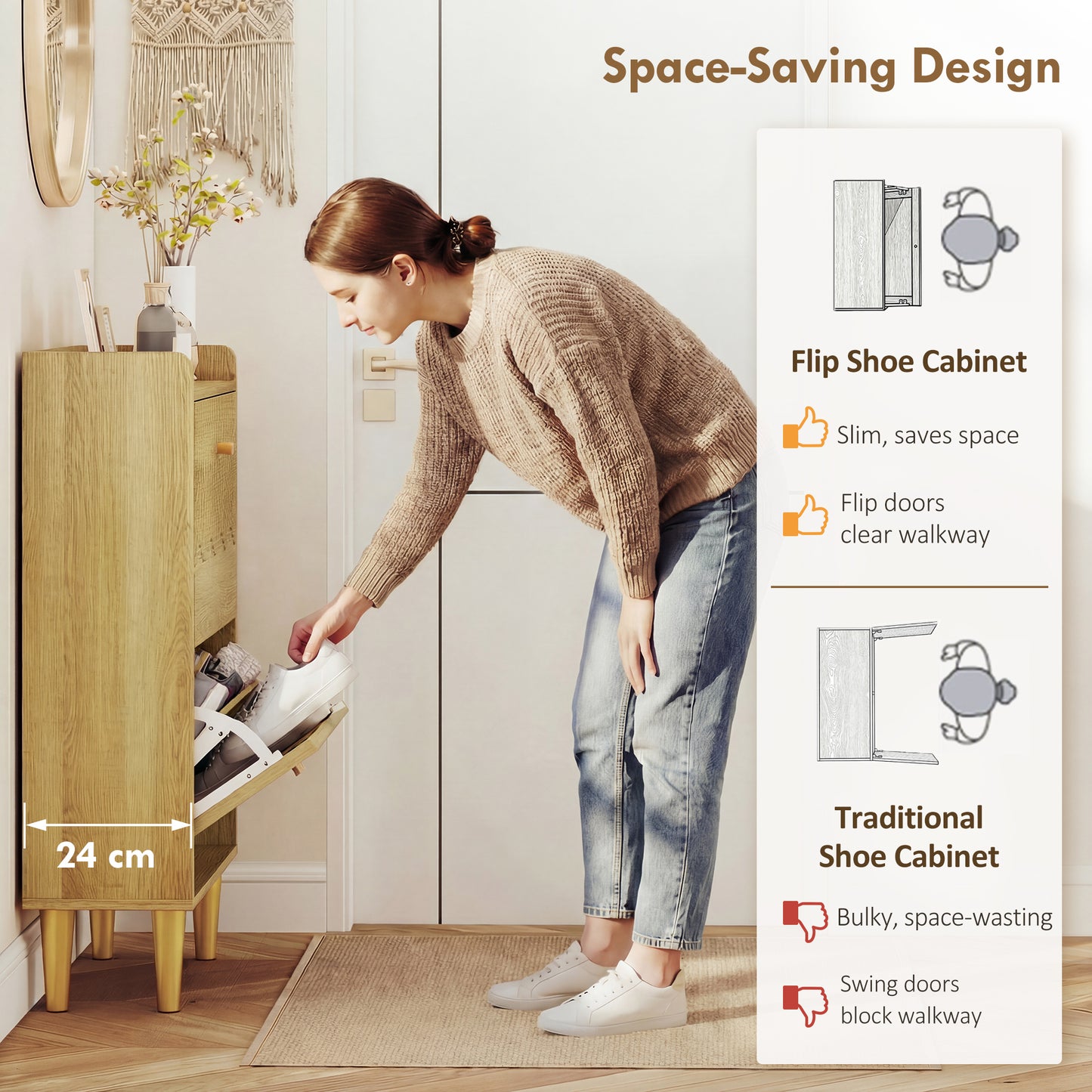 Narrow Shoe Cabinet, Shoe Storage Cabinet with 2 Flip Drawers, Oak