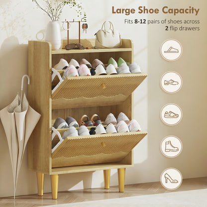 Narrow Shoe Cabinet, Shoe Storage Cabinet with 2 Flip Drawers, Oak